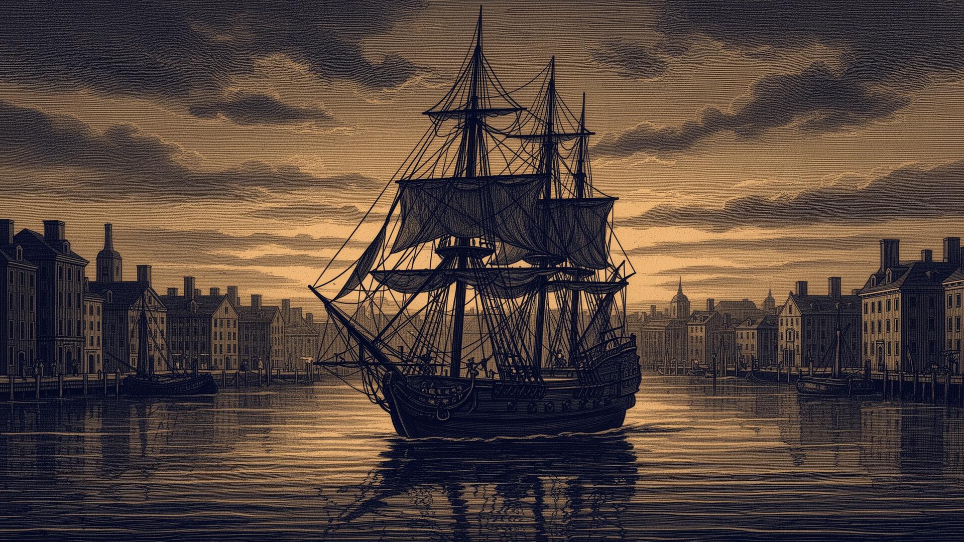 Merchant ship at anchor in Boston Harbor